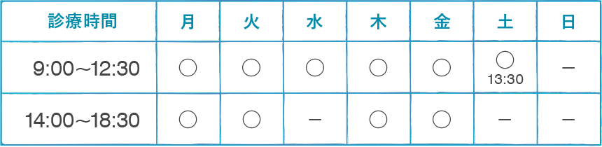 診療時間表：月、火、木、金　9:00-12:30、14:00-18:30、水9:00-12:30、土9:00-13:30